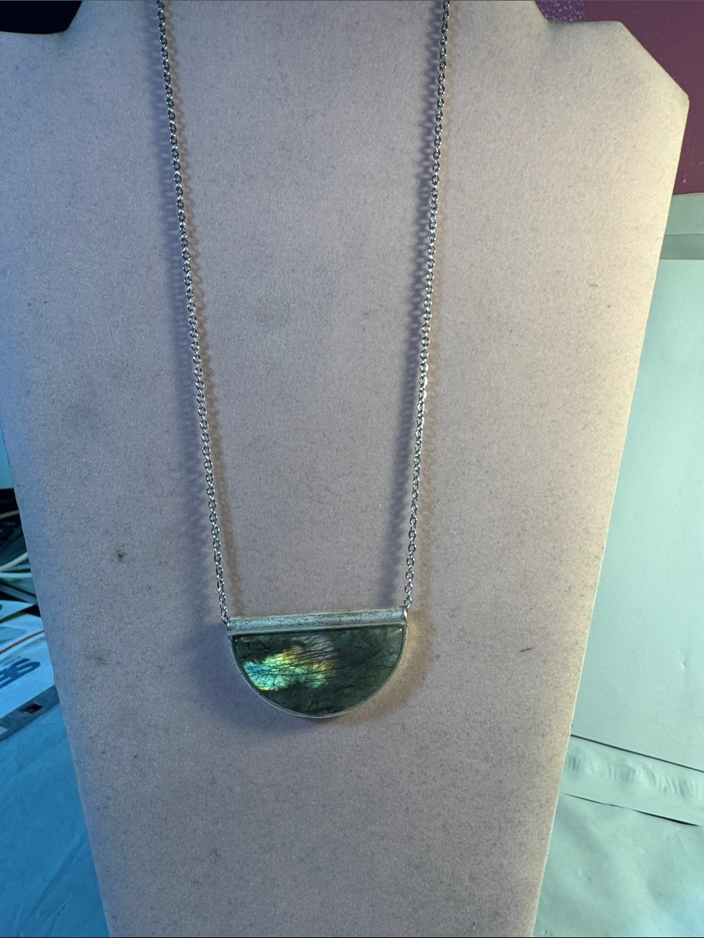 Hand Crafted Silver Half-Moon Labradorite Necklace with Green-Blue Flash 10”